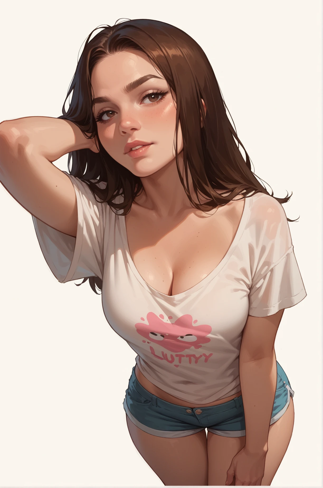 score_9, score_8_up, score_7_up, cartoon of a girl, solo, sexy, slutty, brown eyes, brown hair, straight hair, shorts, oversized t-shirt, cleavage, medium breast, wide hips, thighs, standing, dynamic angle, white background