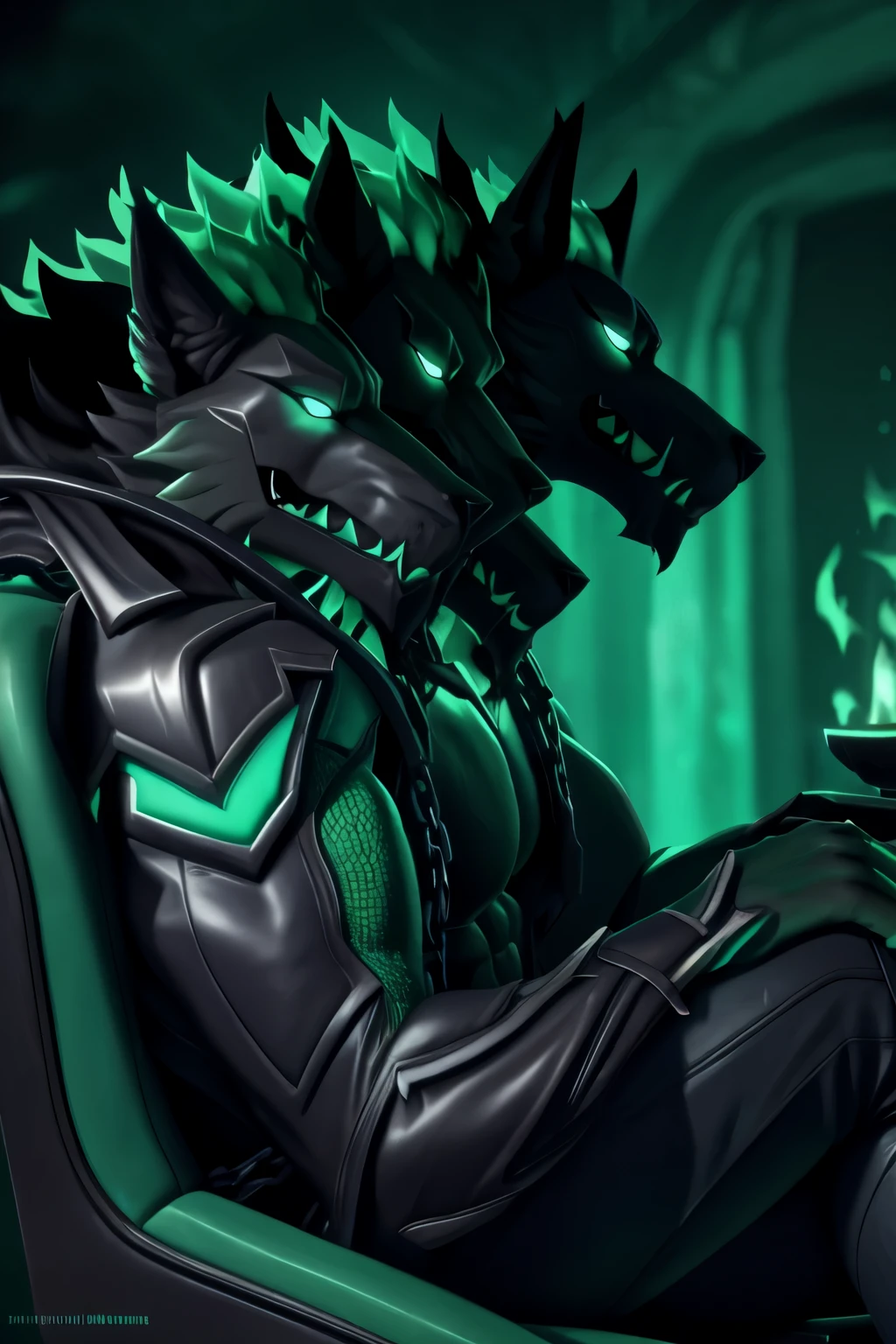 (high quality, highres, masterpiece), Cerberus (Fortnite), anthro,(chain),(multi head:1.2), black flaming mane,male,dramatic lighting, highly detailed, hyper realistic,green body,octane render, soft lighting, staring into the distance, sitting in a leather chesterfield chair, solo, side view, evening, close up shot, green flame, green fire, (underworld), green waterfall, clothes