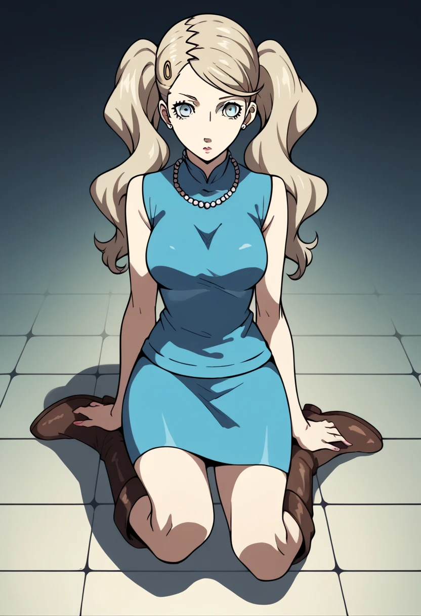 1girl, solo, Ann Takamaki, blonde hair, twintails, blue eyes, dress, sleeveless, necklace, looking at viewer, full body, large breasts, brown boots, legs