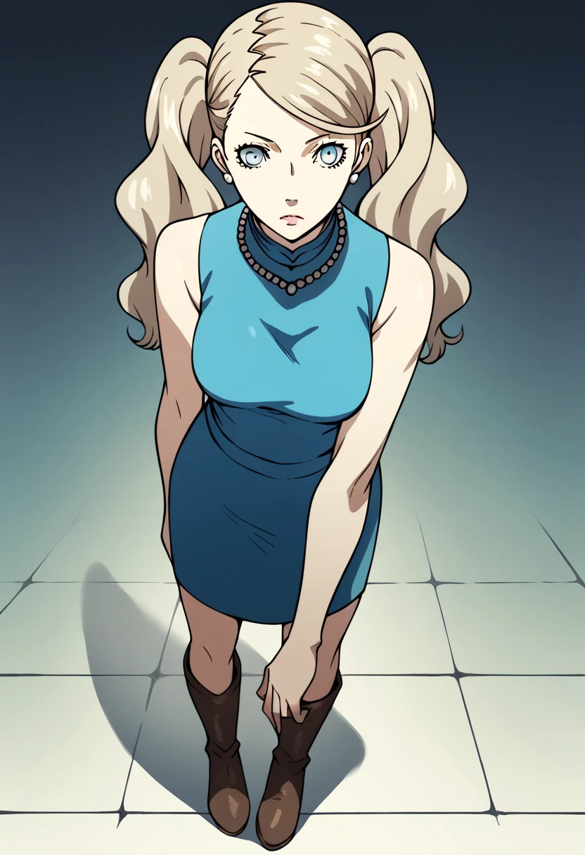 1girl, solo, Ann Takamaki, blonde hair, twintails, blue eyes, dress, sleeveless, necklace, looking at viewer, full body, large breasts, brown boots, legs