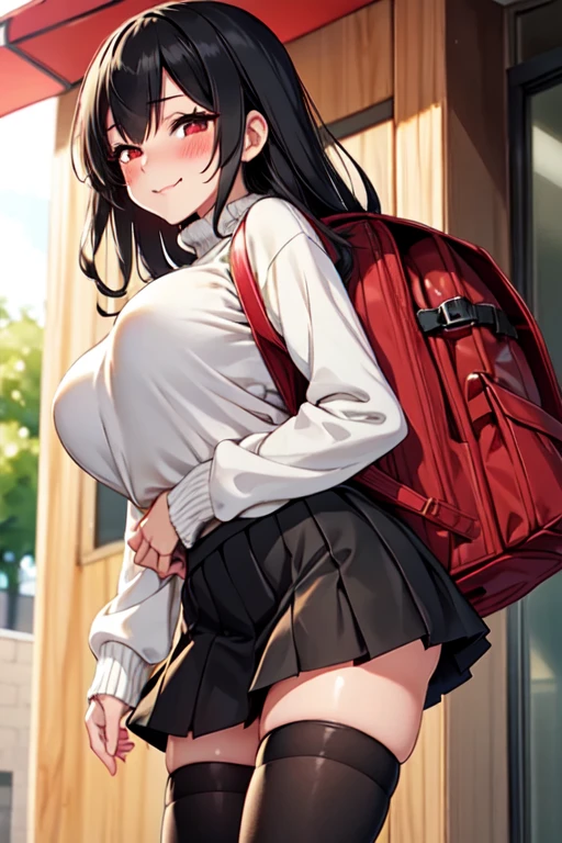 1girl,,black hair,,big breasts,slender,half closed eyes,black long hair,,sweating,blush,,gyaru,red backpack,pixel art,,micro skirt,long sleeves,looking viewer,smile,closed mouth,outdoor,from below,socks,thighhighs,sweater