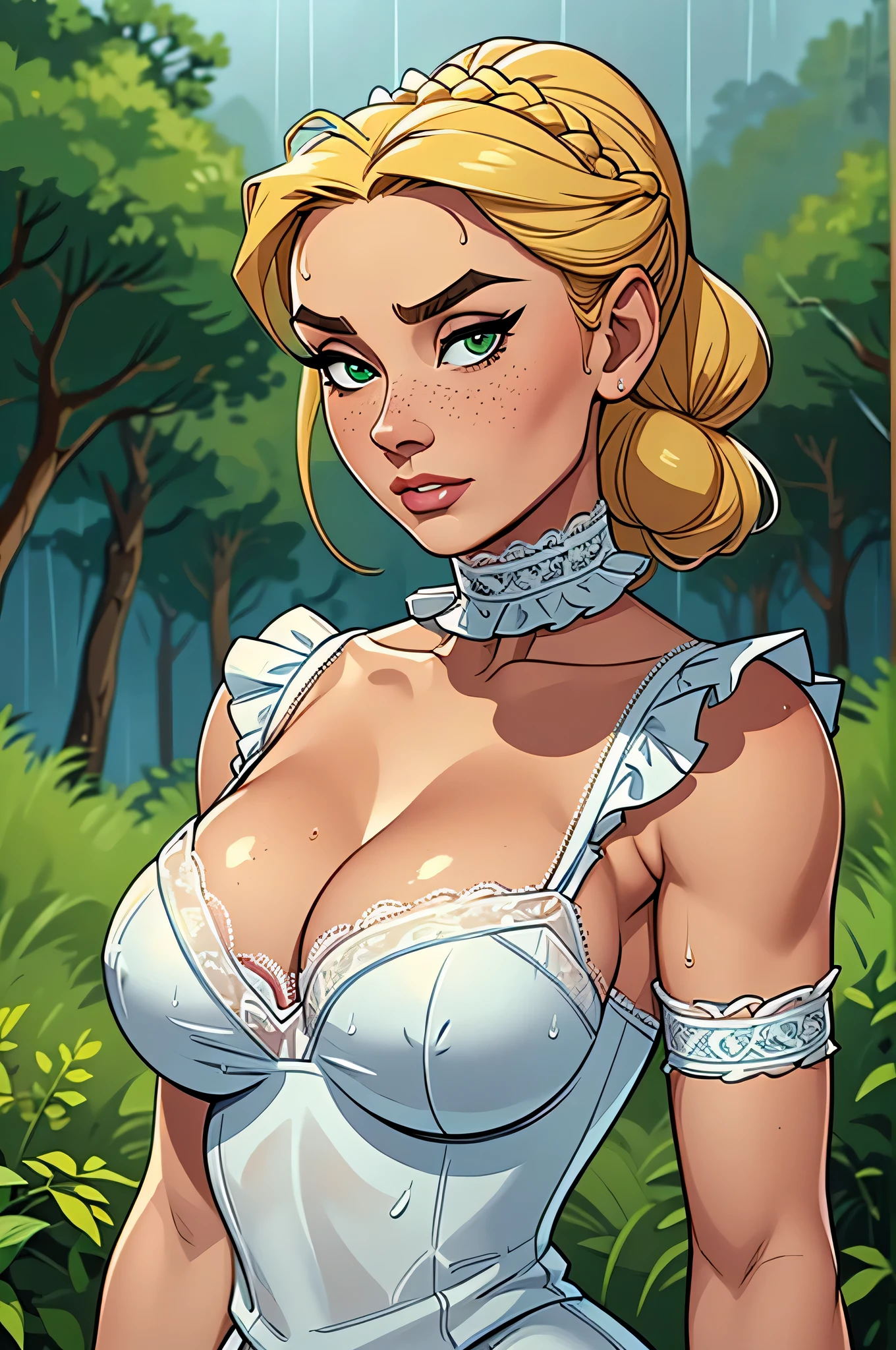 ( absurd, hq, ultra detailed lingerie top, anatomically correct , Beware of your hand ) Close-up of a thin woman, busty and athletic , 25 years, 8k (( high definition )), serious face , seductive look, green eyes, nose fine, wearing a long white royal dress ((lace boat neckline, with short puffy sleeves , choker and tiara)), nose fine, arms positioned on the sides of the body, white skin , long blond hair ((with a braided ponytail )), walking in a forest ((Close on the upper body )), with freckles on your chest and neck , (( big round breasts, wet after rain )). Marvel style (( high definition )), forest in the background .