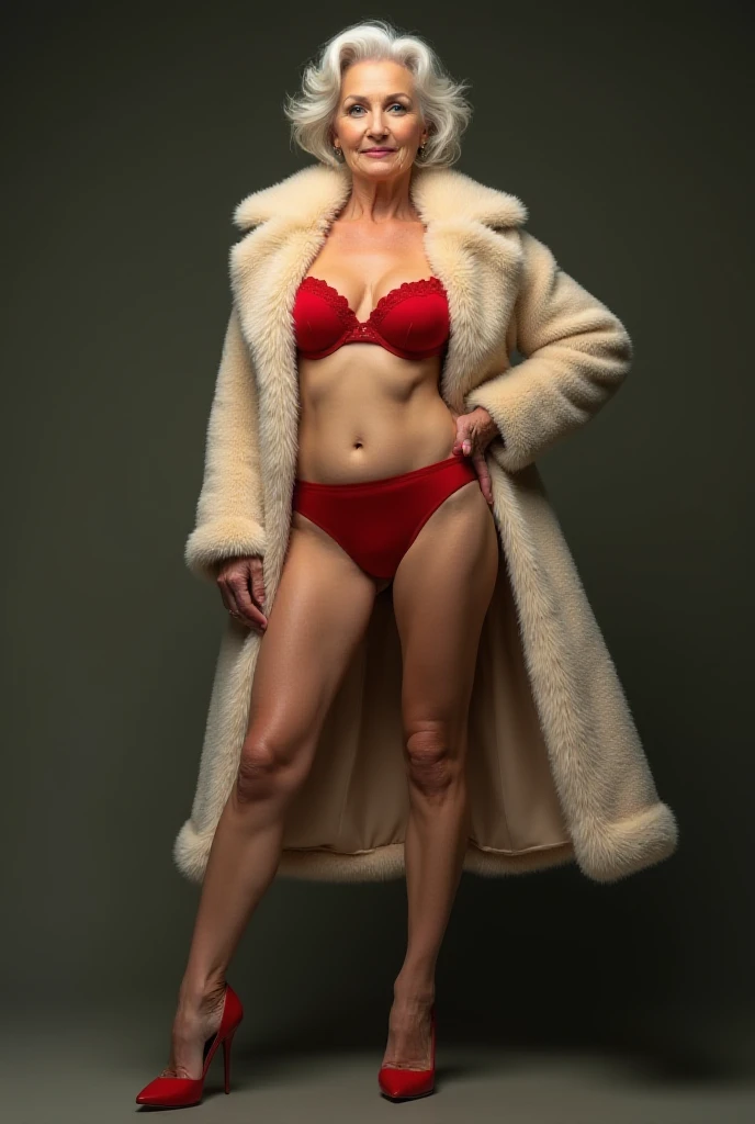 Highest quality,masterpiece,Ultra-high resolution,(Actual:1.4),Original photo,Ultra-high resolution，8k，There are also women，Fair skin、Sheer white lace underwear，High heels，Long legs:1.5，Bright and beautiful，high waist，Flashy makeup using red eyeshadow，Gray background，