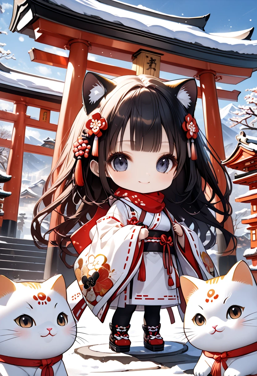 (masterpiece), (ultra-detailed), (best quality), (clear focus), dramatic scene, cinematic, shadow, (ultra-high resolution), (8k), perfect anatomy, perfect face, (detailed face), (detailed eye), (chibi:1.3), (cute Japanese jiraikei chibi girl:1.3), famous Japanese chibi idol but Japanese shrine maiden, very beautiful with cute but cool face, (the girl is wearing a cute miko costume with scarf and black tights:1.2), glove, (wearing warm snow boots:1.2), (medium breasts), (She is standing with her giant cat friends at the Japanese shrine in the highest snow peaks:1.3), The heavily snow covered main shrine and five-story pagoda of a small shrine, warm winter sunshine, professional lighting, (amazing view of the greatest detailed giant fat cat statue:1.3), amazing view of lower mountain village from the top of the snow mountain, they looks so happy, happy smile, very wide shot