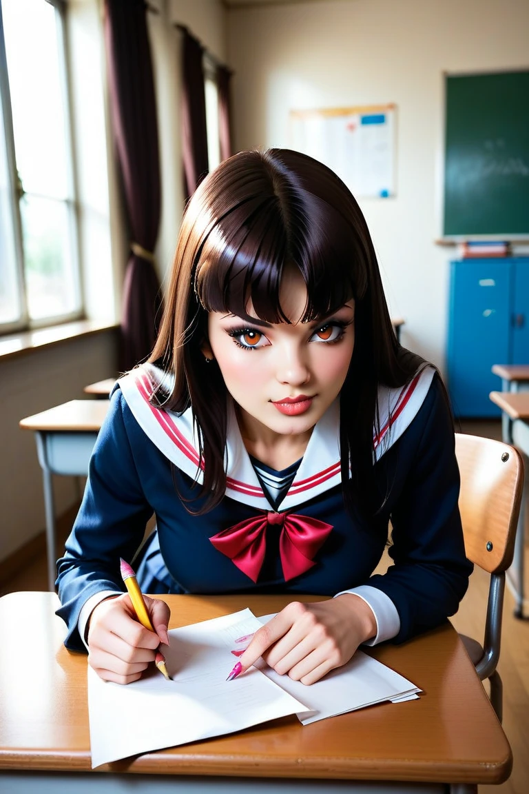 ((masterpiece, best quality)),best aesthetic,1girl, school uniform, desk, sitting, school desk, brown hair, classroom, long hair, indoors, chair, looking at viewer, :p, solo focus, brown eyes, skirt, long sleeves, pencil, 1 boy, pencil case, paper, black serafuku, multiple girls, pleated skirt, sailor collar, bangs, headrest, school bag, school chair