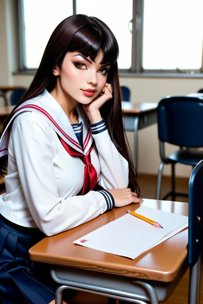 ((masterpiece, best quality)),best aesthetic,1girl, school uniform, desk, sitting, school desk, brown hair, classroom, long hair, indoors, chair, looking at viewer, :p, solo focus, brown eyes, skirt, long sleeves, pencil, 1 boy, pencil case, paper, black serafuku, multiple girls, pleated skirt, sailor collar, bangs, headrest, school bag, school chair