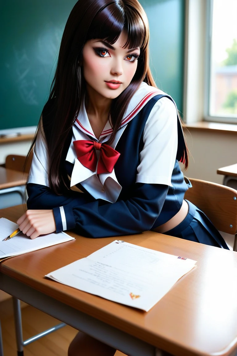 ((masterpiece, best quality)),best aesthetic,1girl, school uniform, desk, sitting, school desk, brown hair, classroom, long hair, indoors, chair, looking at viewer, :p, solo focus, brown eyes, skirt, long sleeves, pencil, 1 boy, pencil case, paper, black serafuku, multiple girls, pleated skirt, sailor collar, bangs, headrest, school bag, school chair