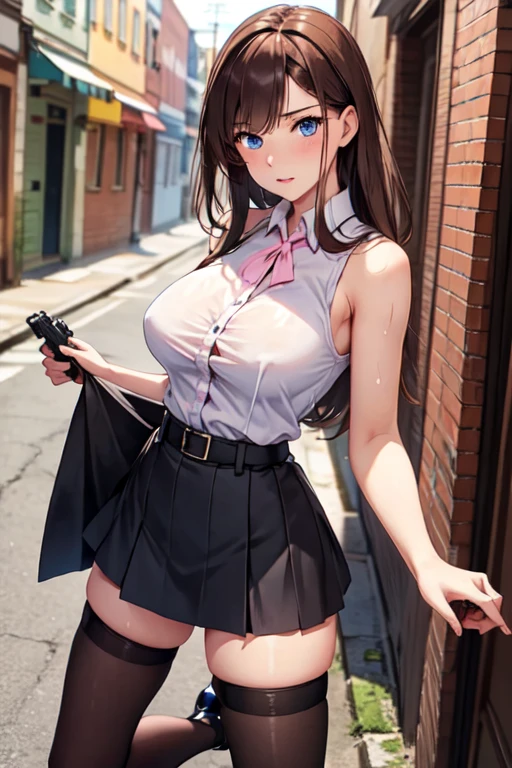 brown hair、Waist-length hair、blue eyes、beautiful eyes，Delicate Eyes，Droopy eyes，pink lips，25-year-old adult female，solo / 1girl，Female police officer，black police uniform，miniskirt police，pantyhose，black high heels，Patrolling the back alleys，hold a handgun，open your legs wide, big breasts,sweating,sleeveless,frill skirt,looking viewer,sex