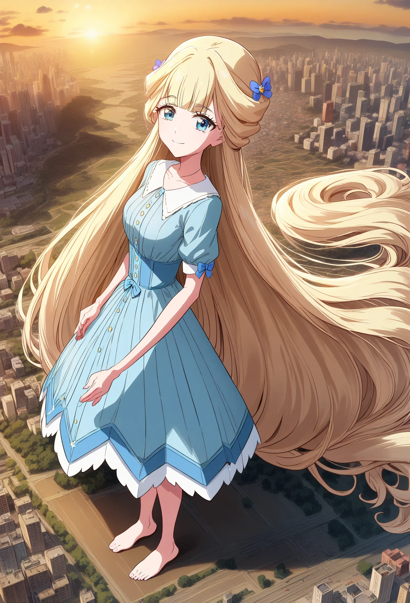 1girl, nekoyashiki yuki, wonderful precure!,solo, absurdly long hair, blonde hair, blue eyes, cowboy shot, looking at viewer, light smile, cityscape, closed mouth, barefoot, light blue princess dress, short puffy sleeves, big breasts, floor length hair, Her hair trails behind her, brushing against the floor and filling the room best quality, very aesthetic, absurdres, giantess, planet size, hair wrapped around the planet