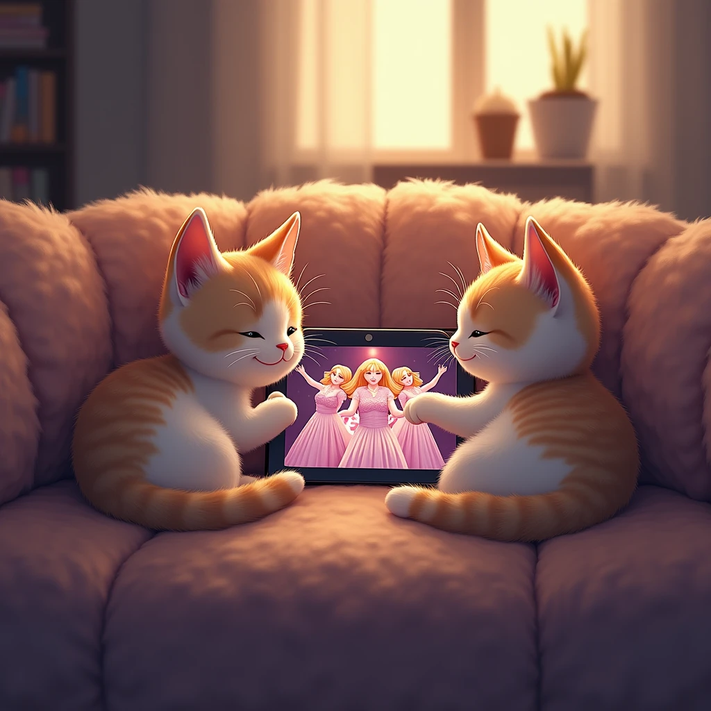 Two cute cats are snuggled up on a fluffy sofa and looking at a tablet screen, on the tablet screen, an idol group is singing and dancing, the soft, gentle light of indirect lighting, illustration art, ultra detailed, absolutely resolution, masterpiece