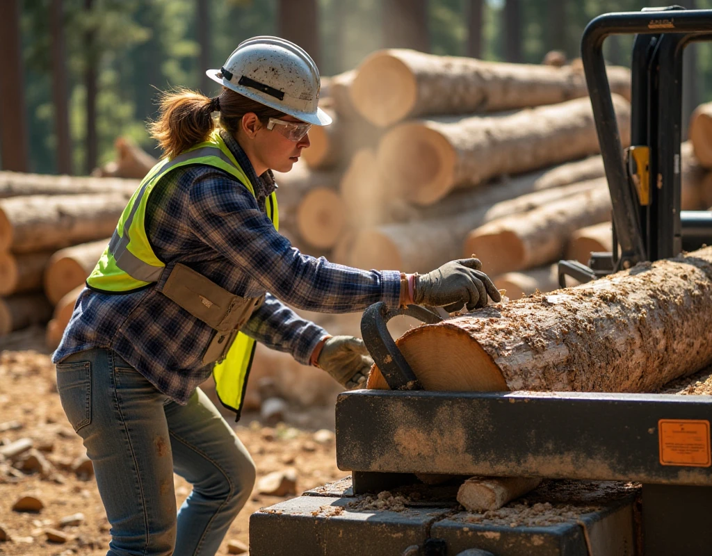 In a sun-dappled thinned coniferous forest, a determined 45-year-old woman expertly operates a hydraulic log splitter. Her hair, neatly tied back in a practical ponytail, sways slightly as she focuses intently on her task. She wears a sturdy hard hat and protective goggles, emphasizing her commitment to safety amidst the rugged beauty of nature. Clad in a long-sleeved plaid shirt that hints at her hardworking spirit, she pairs it with durable jeans and a luminous vest that glows against the earthy tones of the forest. Surrounding her, a chaotic yet organized array of logs lies piled high, remnants of a recent timber harvest. The air is thick with the scent of fresh sawdust, which dances in the gentle breeze, creating a soft, golden haze that catches the sunlight filtering through the tall conifers. Each log, marked by the saw's teeth, tells a story of growth and transformation, while the rhythmic hum of the splitter harmonizes with the distant calls of woodland creatures. This scene captures not just a moment of labor, but a celebration of resilience and connection to the land, where nature and human effort intertwine seamlessly.