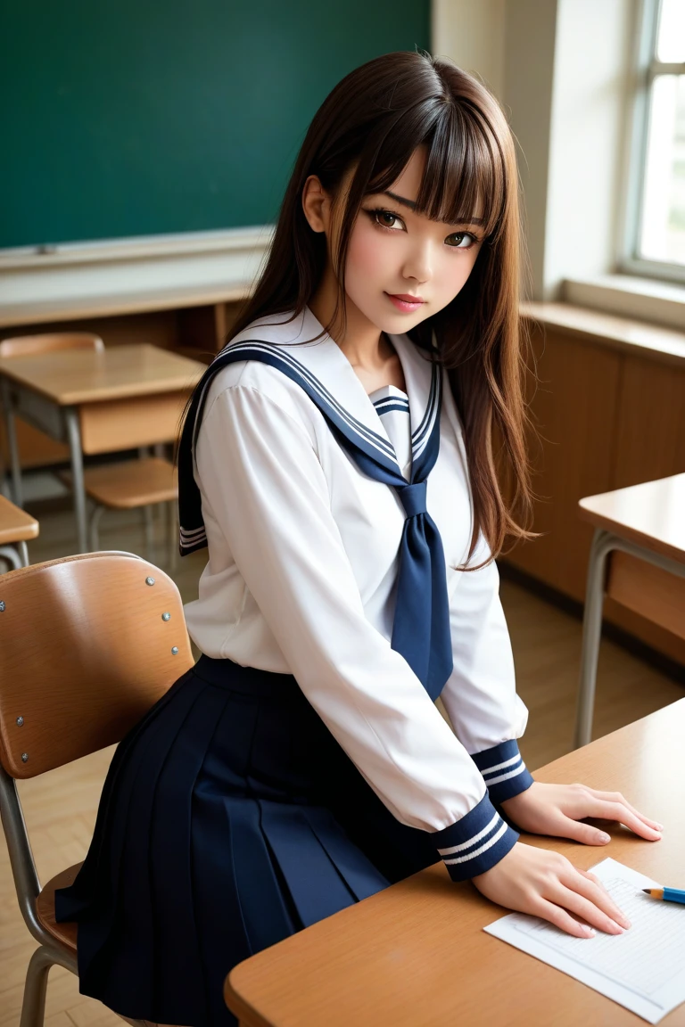 ((masterpiece, best quality)),best aesthetic,1girl, school uniform, desk, sitting, school desk, brown hair, classroom, long hair, indoors, chair, looking at viewer, :p, solo focus, brown eyes, skirt, long sleeves, pencil, 1 boy, pencil case, paper, black serafuku, multiple girls, pleated skirt, sailor collar, bangs, headrest, school bag, school chair