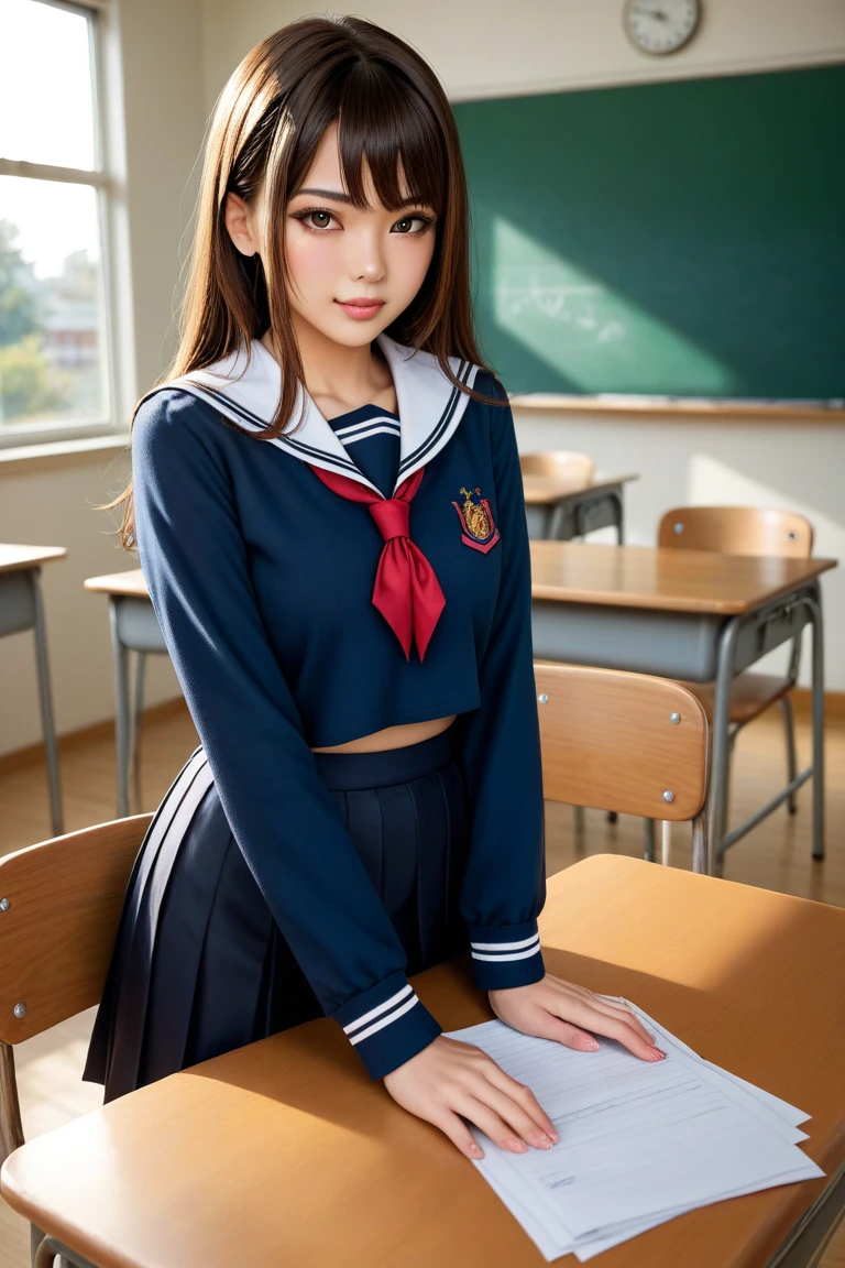 ((masterpiece, best quality)),best aesthetic,1girl, school uniform, desk, sitting, school desk, brown hair, classroom, long hair, indoors, chair, looking at viewer, :p, solo focus, brown eyes, skirt, long sleeves, pencil, 1 boy, pencil case, paper, black serafuku, multiple girls, pleated skirt, sailor collar, bangs, headrest, school bag, school chair