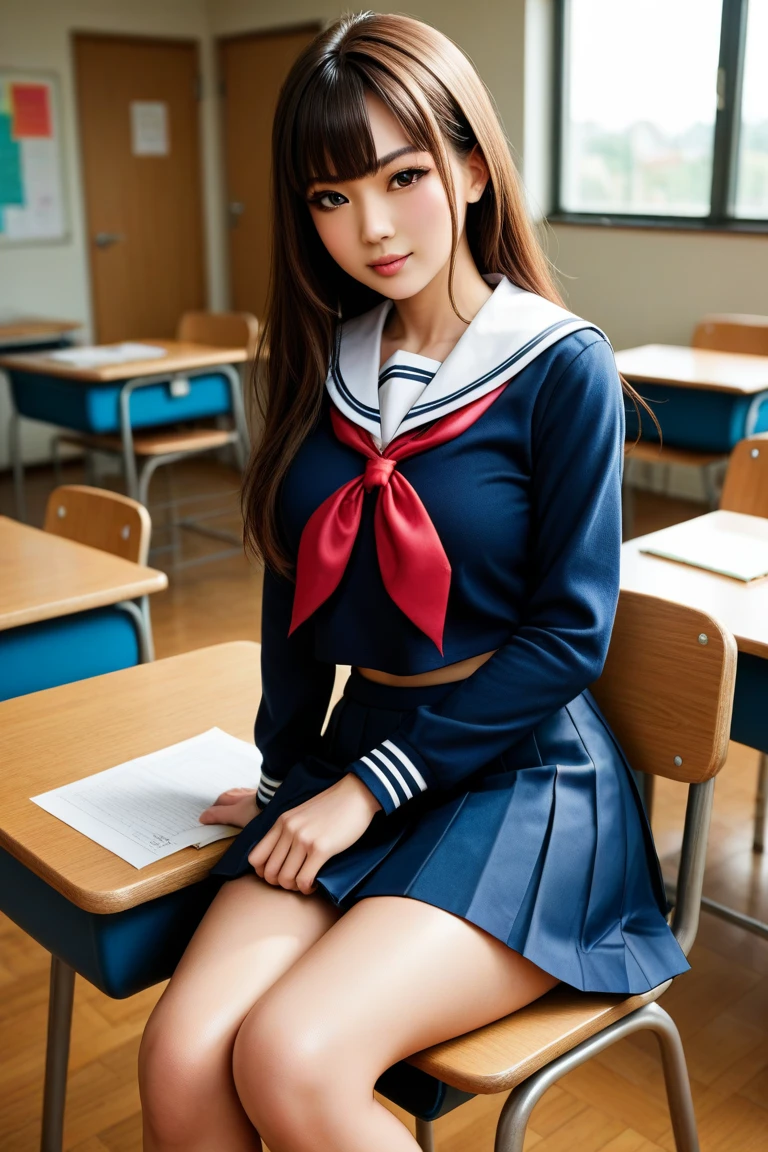 ((masterpiece, best quality)),best aesthetic,1girl, school uniform, desk, sitting, school desk, brown hair, classroom, long hair, indoors, chair, looking at viewer, :p, solo focus, brown eyes, skirt, long sleeves, pencil, 1 boy, pencil case, paper, black serafuku, multiple girls, pleated skirt, sailor collar, bangs, headrest, school bag, school chair