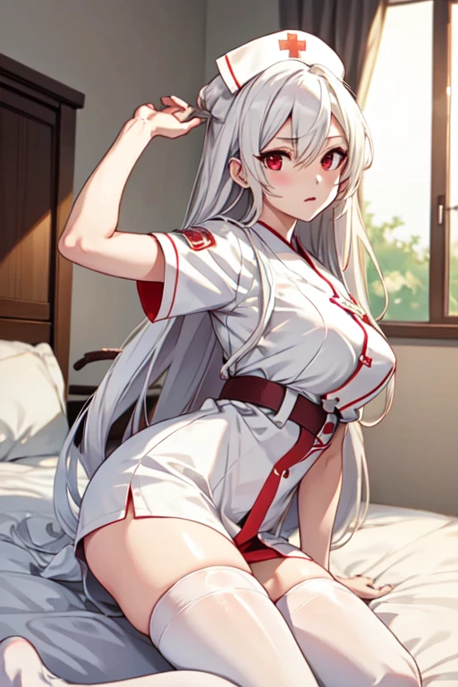 score_9, score_8_up, score_7_up, score_6_up, score_5_up, score_4_up, BREAK source_anime, kazuki kazami, red eyes, white hair, very long hair, Nurse Roleplay, nurse, white thighhighs,nfsw