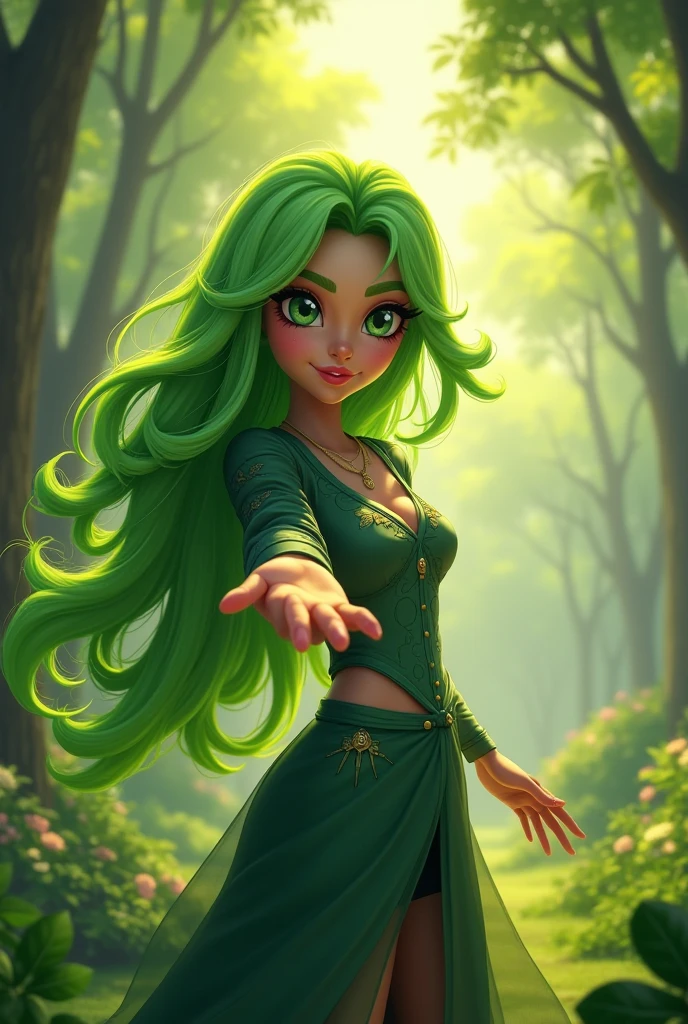 A beautiful woman standing in a jungle, wearing green dress, cleavage visible, thigh visible, legs visible, long hair, symmetrical face, freckles, depth of field, floiages
