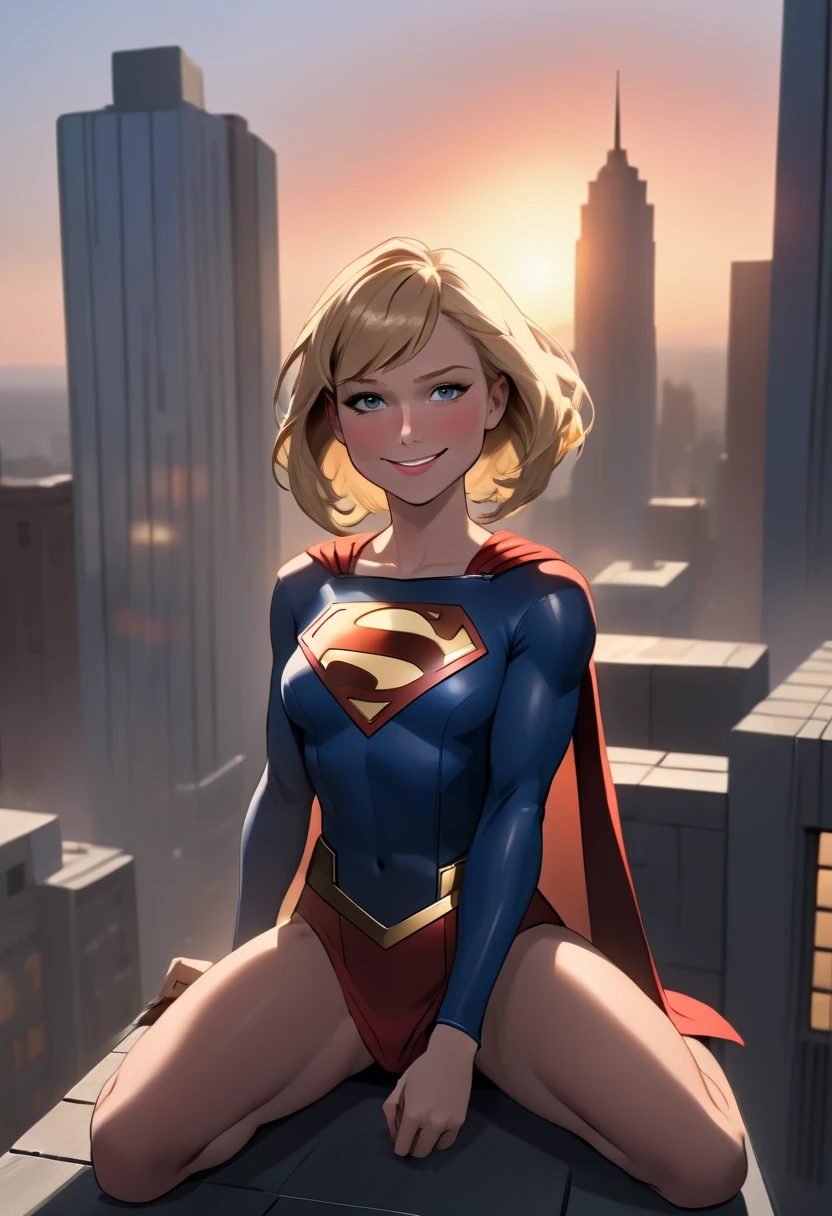 Supergirl. Hot girl. Horny. Sweaty. Smile. Biting lip. Touching pussy. Laying on building rooftop. Sunset. Cum. Vagina. Legs wide open. Female masturbation.