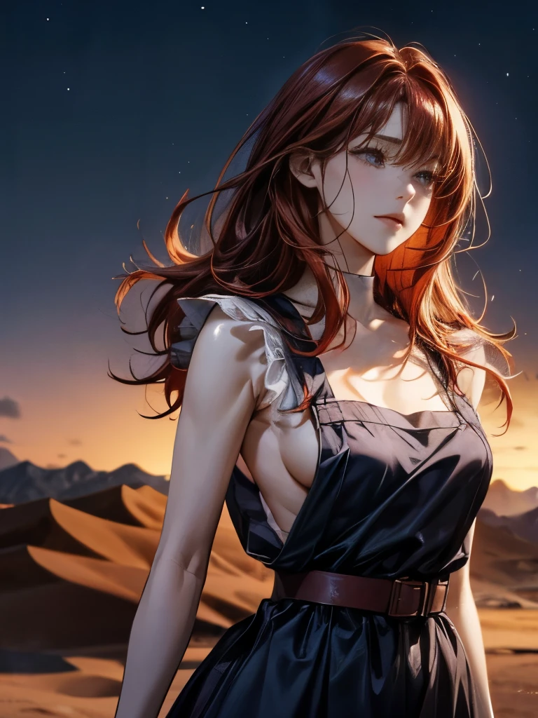 top quality 、nsfw、 erotic、Woman with slightly red hair ( long, fluffy bob hair、Small breasts、Depressed) navy blue dress apron( sleeveless、Cover your shoulders、Large white belt 、naked、Exposing Skin、 breasts visible from the side 1 :5、 )、Standing in the desert at night