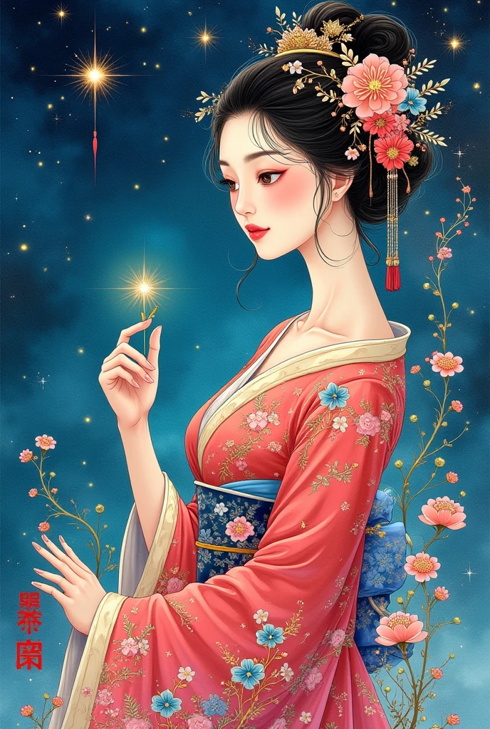 A beautiful oriental goddess、Fusion of ink painting and watercolor painting、 vivid colors、Various colors、 starry sky 、 shooting star、 best quality、masterpiece、