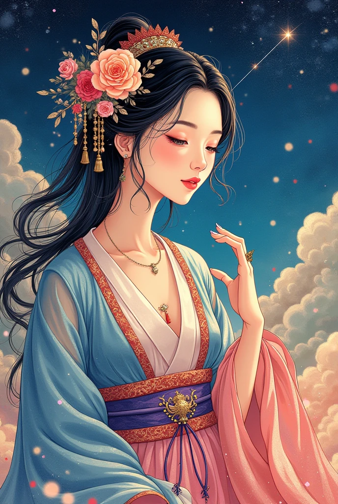 A beautiful oriental goddess、Fusion of ink painting and watercolor painting、 vivid colors、Various colors、 starry sky 、 shooting star、 best quality、masterpiece、