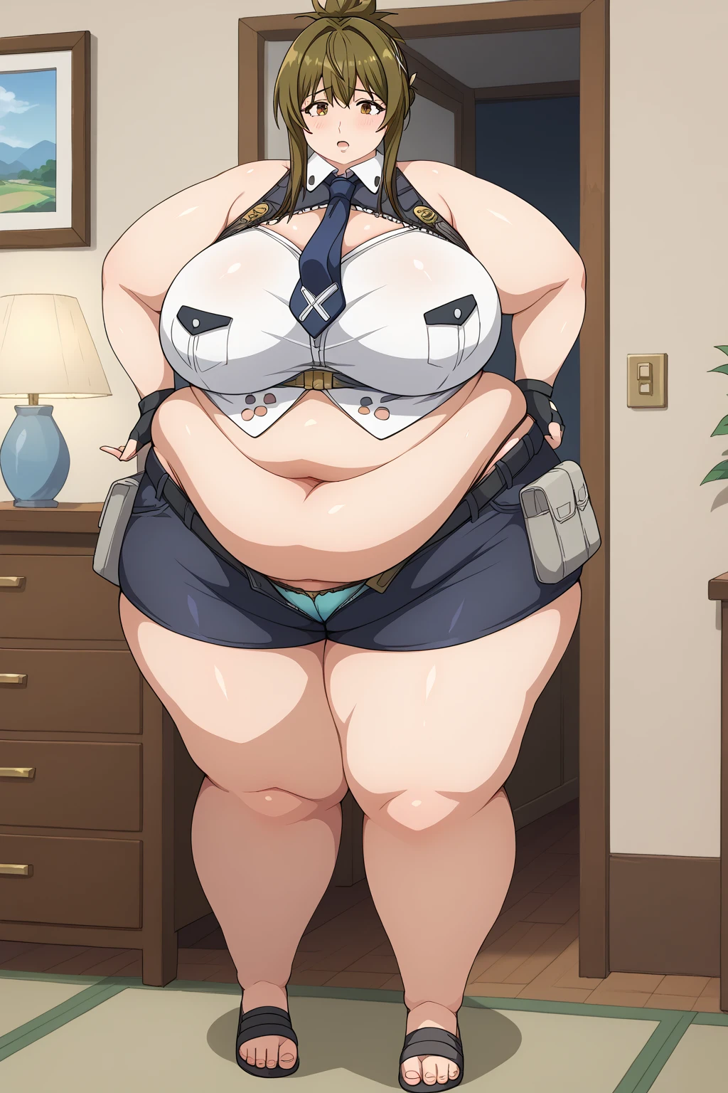 Chitose Kisaragi,belly button,  shorts,  fingerless gloves ,  brown hair ,  brown eyes, midriff, Pouch,  summary hair , ponytail,  bun hair for your toes,  black gloves,  ties,  green hair, underwear, short  shorts, belt,  panties ,  crop top,  sleeveless, Bare shoulders, bangs,  ,Obese middle-aged woman, troubled expression, embarrassing expression ,milf, chubby,(bedroom), score_9,  score_8_ up、 score_7_ up、 score_6_ up、 score_5_ up、 score_4_ up、 masterpieces at the front door of the house、 top quality , A beautiful woman with an obese figure,  absurd、 source_ anime anime screencap,  one woman、Alone、 personal  、Super huge breasts,  super huge clevis、Super huge, Super huge boob,Curvy、 wide hips、