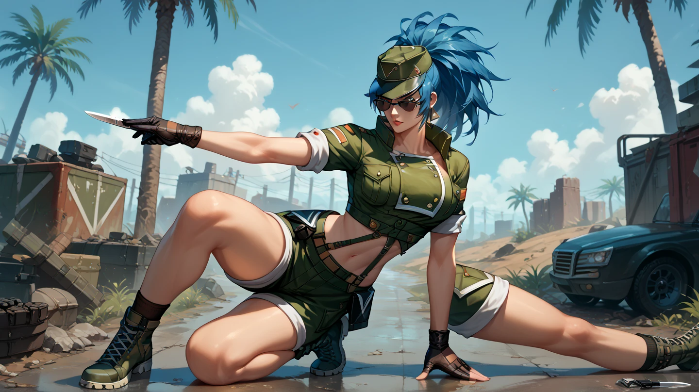 Sexy leona heidern,  Dark blue hair , triangle earrings,   on a wasteland, pose sexy, wearing military cap ,  with sunglasses,  one knee on the floor ,  with a combat knife in his right hand,