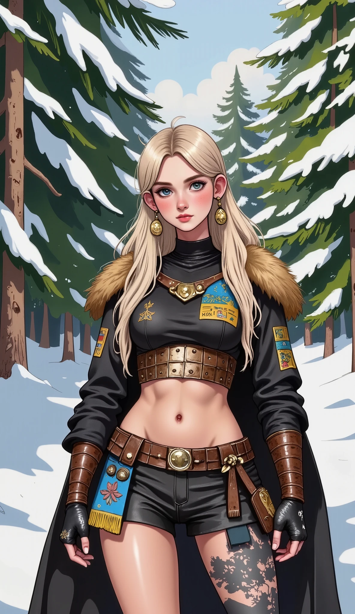beautiful detailed blue eyes, beautiful detailed platinum blonde hair, attractive muscular viking warrior woman, scandinavian winter forest, (best quality,4k,8k,highres,masterpiece:1.2),ultra-detailed,(realistic,photorealistic,photo-realistic:1.37),HDR-10,cinematic lighting,dynamic pose,dramatic lighting,snow covered trees,moody atmosphere,intricate details,hyper realistic,volumetric lighting,highly detailed skin,extremely detailed armor