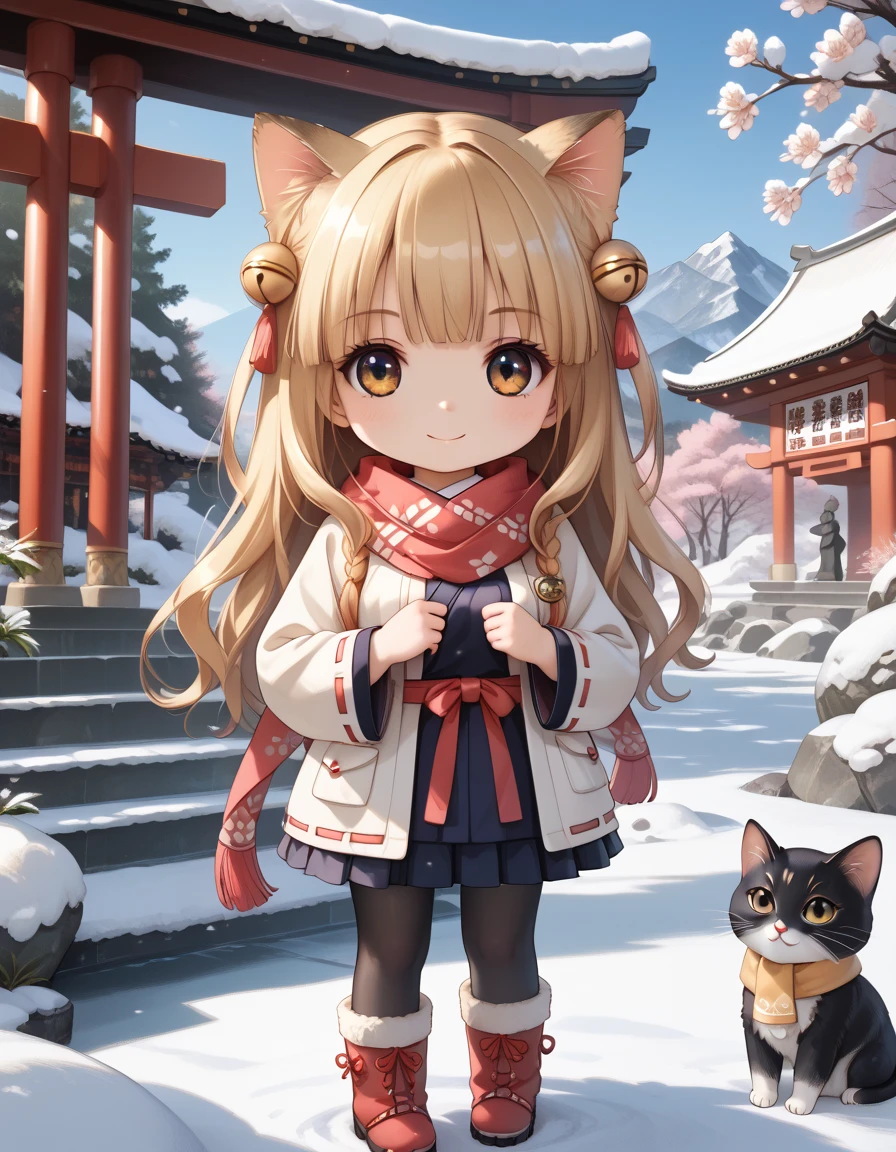 (masterpiece), (ultra-detailed), (best quality), (clear focus), dramatic scene, cinematic, shadow, (ultra-high resolution), (8k), perfect anatomy, perfect face, (detailed face), (detailed eye), (chibi:1.3), (cute Japanese jiraikei chibi girl:1.3), famous Japanese chibi idol but Japanese shrine maiden, very beautiful with cute but cool face, (the girl is wearing a cute miko costume with scarf and black tights:1.2), glove, (wearing warm snow boots:1.2), (medium breasts), (She is standing with her giant cat friends at the Japanese shrine in the highest snow peaks:1.3), The heavily snow covered main shrine and five-story pagoda of a small shrine, warm winter sunshine, professional lighting, (amazing view of the greatest detailed giant fat cat statue:1.3), amazing view of lower mountain village from the top of the snow mountain, they looks so happy, happy smile, very wide shot, (she is surrounded by the countless a huge number of very cute fat cats:1.2)