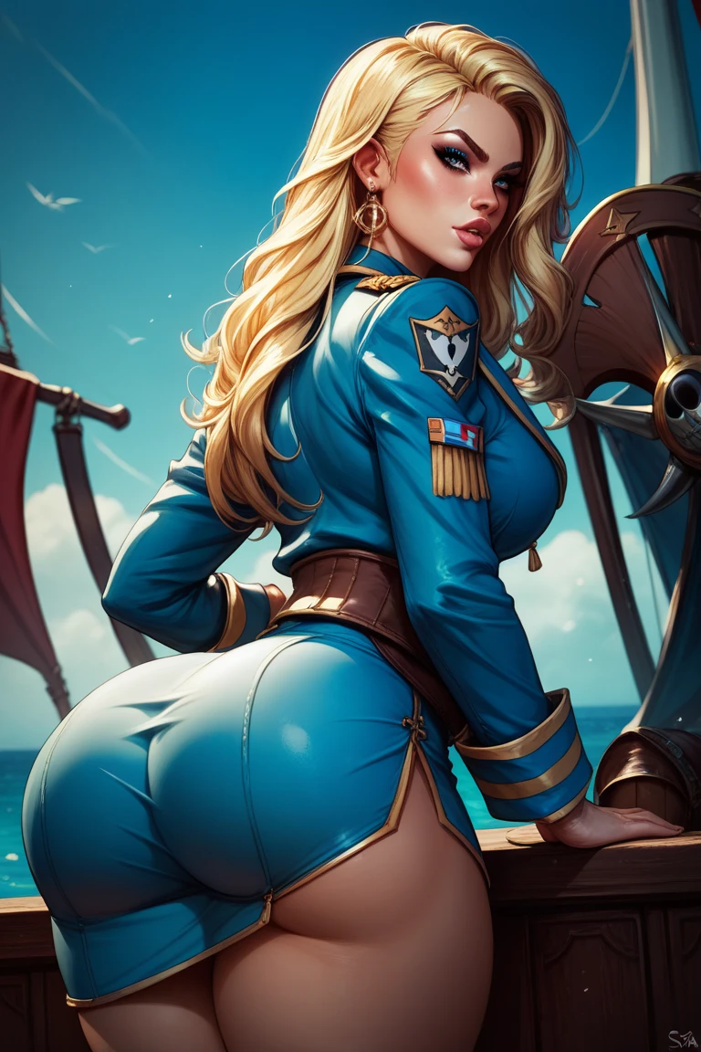 1 ,  blonde hair,  Long hair,  fringe covering the right eye, full lips and pink ,  big boobs,  big ass,  thick thighs, seria,  blue military uniform , pirate sabre around the waist 