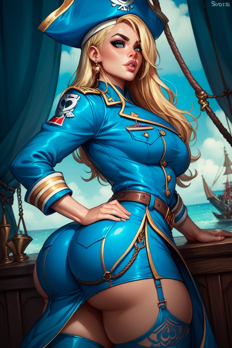 1 ,  blonde hair,  Long hair,  fringe covering the right eye, full lips and pink ,  big boobs,  big ass,  thick thighs, seria,  blue military uniform , pirate sabre around the waist 