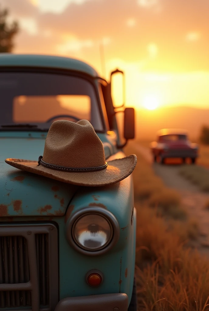 Ranchero hat on a van and in the background another van blurred by the ranch at sunset 