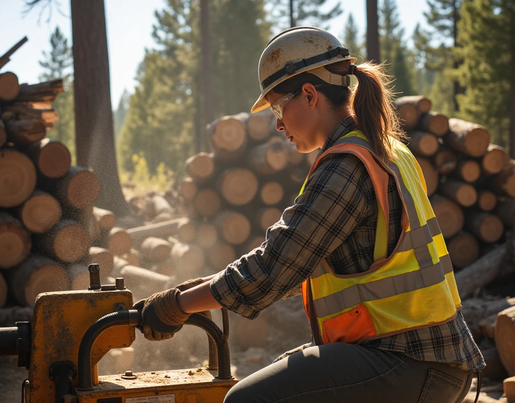 In a sun-dappled thinned coniferous forest, a determined 45-year-old woman expertly operates a hydraulic log splitter. Her hair, neatly tied back in a practical ponytail, sways slightly as she focuses intently on her task. She wears a sturdy hard hat and protective goggles, emphasizing her commitment to safety amidst the rugged beauty of nature. Clad in a long-sleeved plaid shirt that hints at her hardworking spirit, she pairs it with durable jeans and a luminous vest that glows against the earthy tones of the forest. Surrounding her, a chaotic yet organized array of logs lies piled high, remnants of a recent timber harvest. The air is thick with the scent of fresh sawdust, which dances in the gentle breeze, creating a soft, golden haze that catches the sunlight filtering through the tall conifers. Each log, marked by the saw's teeth, tells a story of growth and transformation, while the rhythmic hum of the splitter harmonizes with the distant calls of woodland creatures. This scene captures not just a moment of labor, but a celebration of resilience and connection to the land, where nature and human effort intertwine seamlessly.