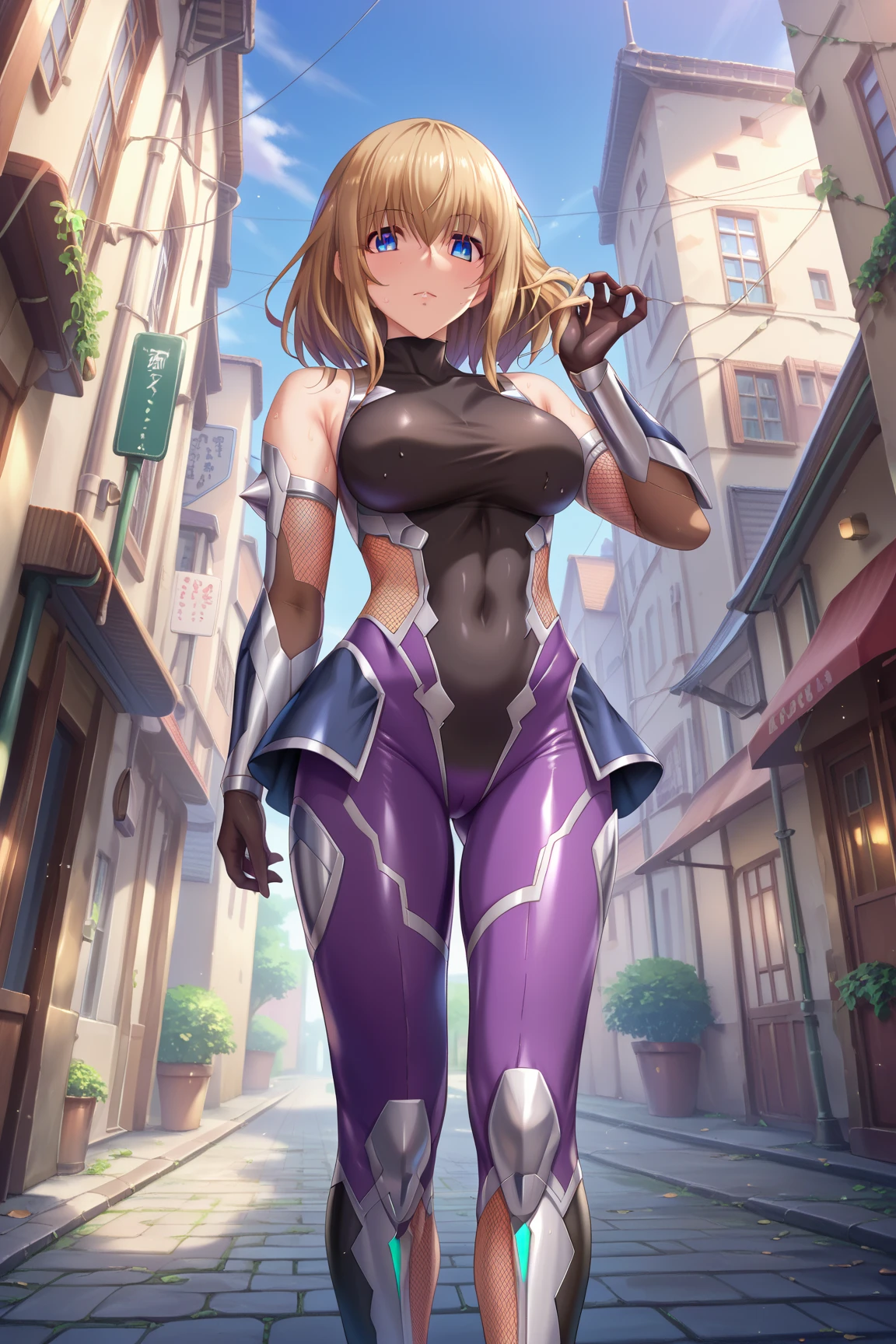  interruption source _Anime, viewers sweat a lot, 1 girl, bangs, underbust,  THIG-LENGTH SOCKS,large breasts, (taimanin suit), (two breast), , dark alleyナイトシティ,  taimanin suit, body suit, beautiful detailed eyes, ガニ股, latex, leotard, SM, sagisawa fumika, catch testicles,