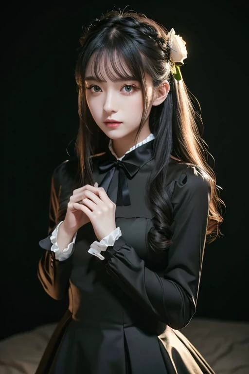 ((masterpiece,  top quality )), best aesthetics, 1 girl, Alone,  long hair,  black dress, flower, ribbon,  black background,  black hair,  Rose, hair ribbon,  green eyes,  Long Sleeve , white  Rose,   closed mouth , black ribbon,  upper body,  cinematic lighting 