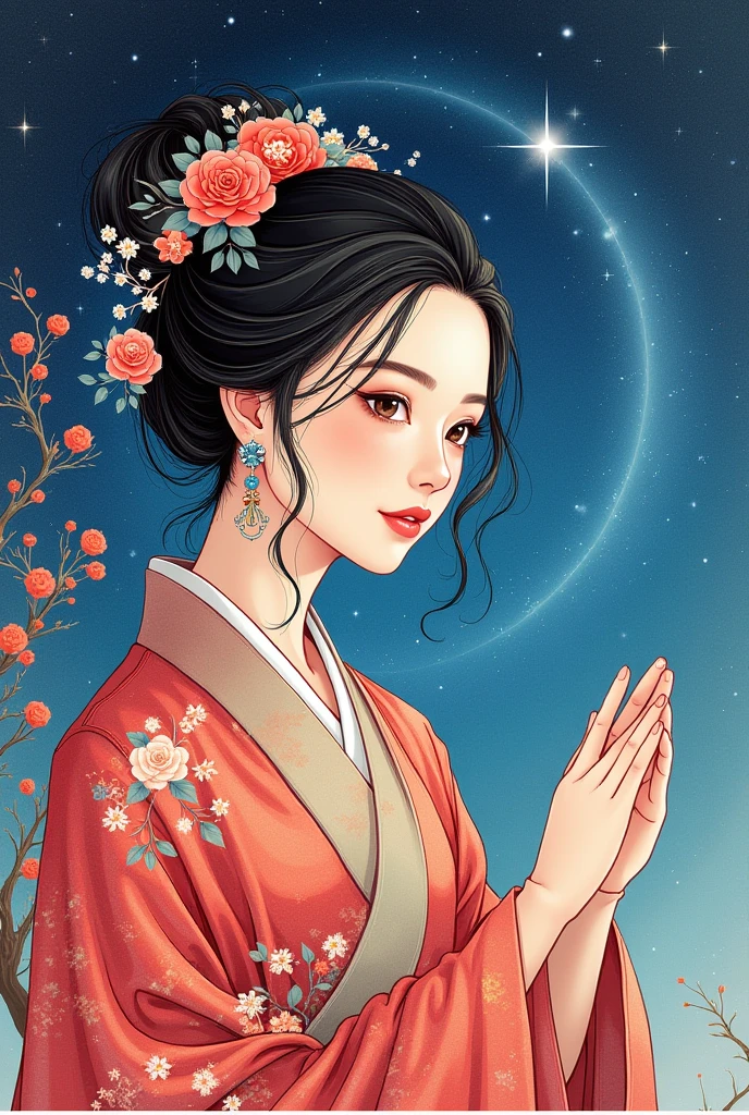 A beautiful oriental goddess、Fusion of ink painting and watercolor painting、 vivid colors、Various colors、 starry sky 、 shooting star、 best quality、masterpiece、