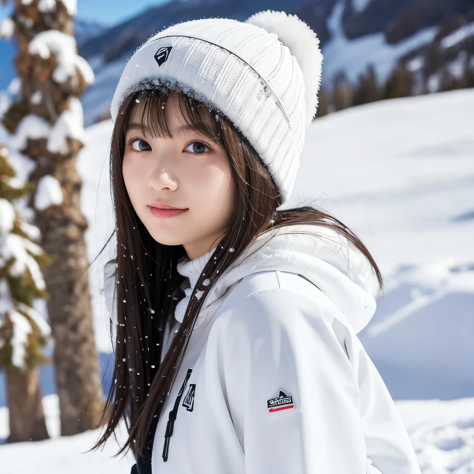  girl, busty,  black hair,  straight hair,  with bangs, white ski wear , White knit hat, Slopes, 's greatest masterpiece,  professional lighting, Powder Snow,