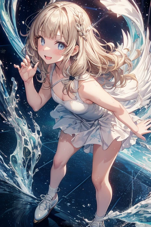 ((8k, best quality, master piece: 1.3)),super high resolution,(1 girl, solo), (colorshift eyes, hyperdetailed, expressive sparkling, glitter, glowing eyes), ultra detailed eyes, ultra-detailed face, random hair, ((silver gray color)),A silver-haired water spirit girl is in ecstasy by the side of a quiet magical lake. Her hair is long and silky, shining with the iridescent light reflected on the lake's surface. The girl is wearing a sheer light blue dress made of transparent lace and silk, which sways like the surface of the water. Her eyes are deep blue and she is smiling.
Beautiful crystal sculptures surround the lake, each emitting iridescent light. Countless jewel-like water droplets float on the lake's surface, sparkling with the reflected light. Small water spirits dance on the girl's fingertips and sparkle around her. The scene is magical and fantastical, and her ecstatic expression adds even more radiance to this beautiful world.