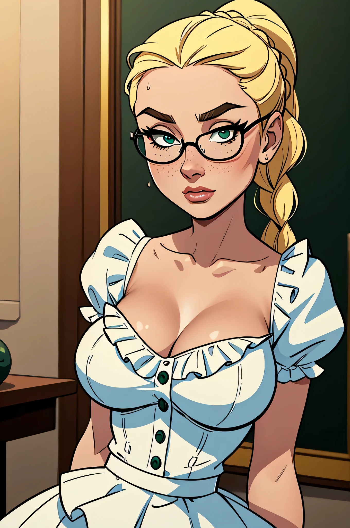 ( absurd, high quality, Ultra Delicate, be careful with your hand) Close-up of a thin and curvaceous woman , athletic, 25 years, 8k ( high definition ), serious face , seductive look, green eyes, nose fine, teacher wearing white dress shirt ((V-neck with ruffles, buttons, short sleeves )), discreet belt on the skirt , herself wearing glasses, arms positioned on the sides of her body, white skin , long blond hair ((with a braided ponytail )), Walking around the environment ((Close on the upper body )), with freckles on your chest and neck , (( big round breasts, sweaty)). Marvel style (( high quality)), classroom in the background.