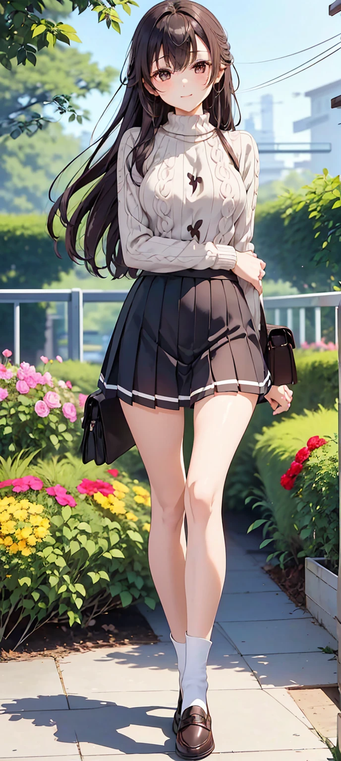 (The wonderful and exquisite Suo Yuki)、 beautiful brown eyes drawn in detail、 Long Dark Brown Hair 、 one girl、 Extremely Delicate 、Straight face、 incomparably beautiful girl with excellent estimates、 soft、(Functional)、(Naughty)、(Cute)、Delicate face、Bright lips, A shy and lewd smile、(( cable knit sweater ))、( pleated skirt )、 no panties 、Crossbody Bags、tights、 loafers without pants、 ( small butt)、(Big Breasts)、(((Baby Face:1.15)))、((( slim figure)))、((( very thin and beautiful thighs)))、( very thin and beautiful waist )、(Long, slender legs)、((( A school garden with colorful flowers)))、4K、Super high resolution、(masterpiece,  best quality)、( beautiful finely drawn eyes )、( beautiful detailed face)、 shortness of breath、 excited expression、Estrus season、Stroll through the flower garden 、 composition from the front、 full body portrait from head to toe