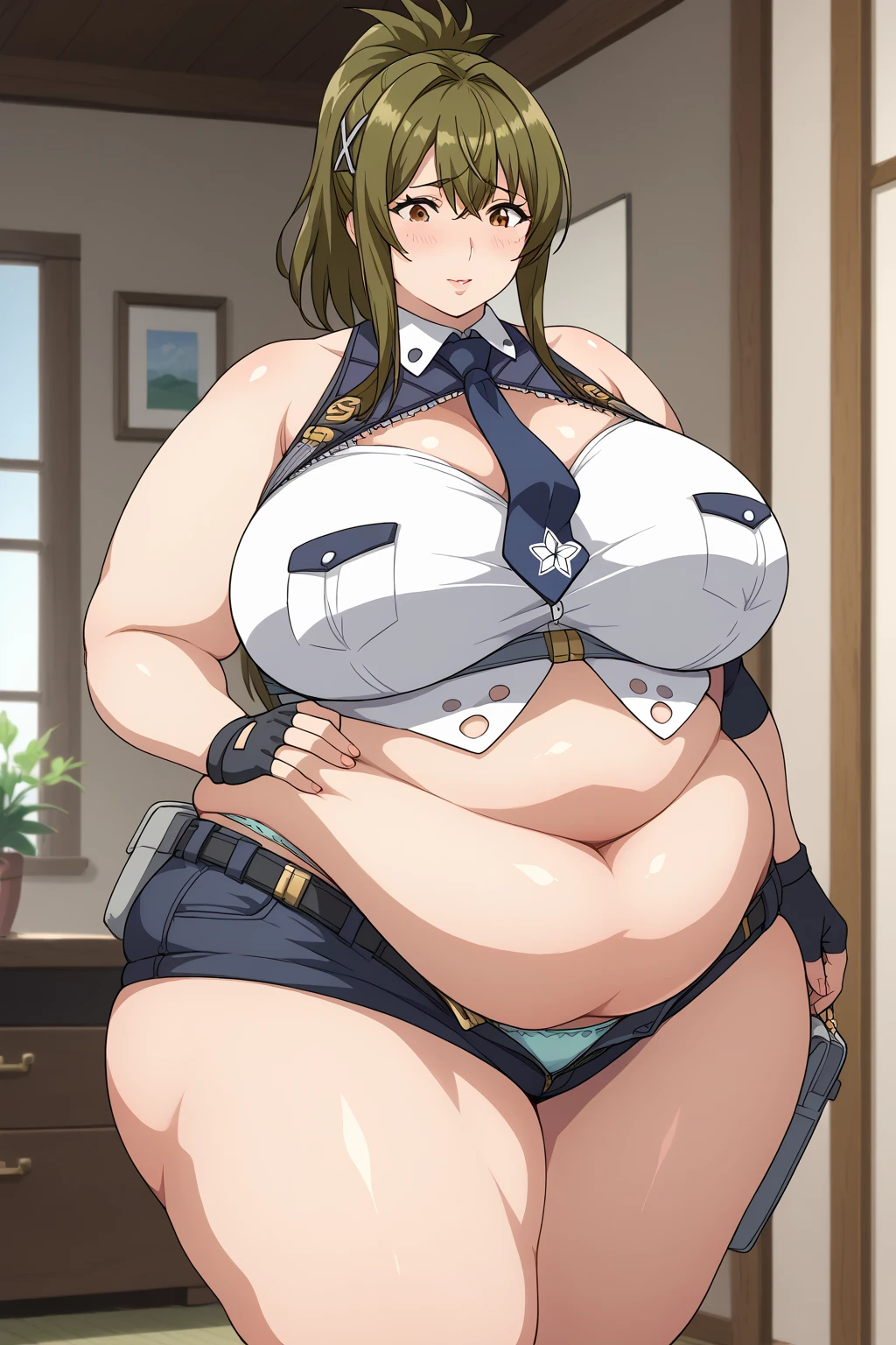 Chitose Kisaragi,belly button,  shorts,  fingerless gloves ,  brown hair ,  brown eyes, midriff, Pouch,  summary hair , ponytail,  black gloves,  ties,  green hair, underwear, short  shorts, belt,  panties ,  crop top,  sleeveless, Bare shoulders, bangs,  ,Obese middle-aged woman, troubled expression, embarrassing expression ,milf, chubby,(bedroom), score_9,  score_8_ up、 score_7_ up、 score_6_ up、 score_5_ up、 score_4_ up、 masterpieces at the front door of the house、 top quality , A beautiful woman with an obese figure,  absurd、 source_ anime anime screencap,  one woman、Alone、 personal  、Super huge breasts,  super huge clevis、Super huge, Super huge boob,Curvy、 wide hips、