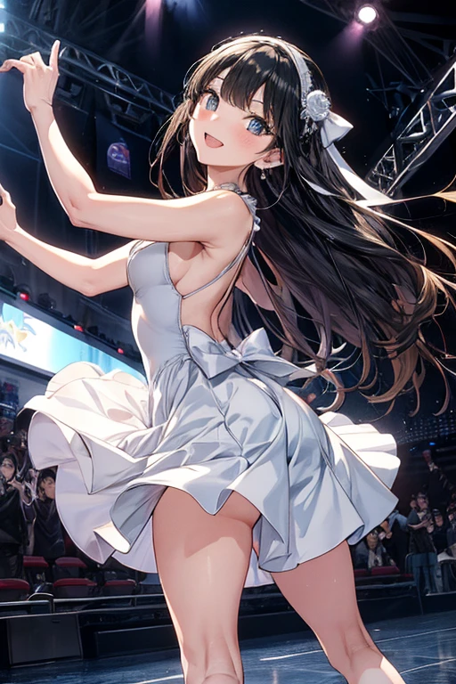 cowboy shot, masterpiece, best quality, 1girl, mature female:1.3, long eyelashes, lips, lips apart, solo, standing, blue tutu, on stage, stage lights, medium round breasts, layered skirt, ribbon-trimmed tutu, miniskirt <lora:Tutu-000020:0.75>