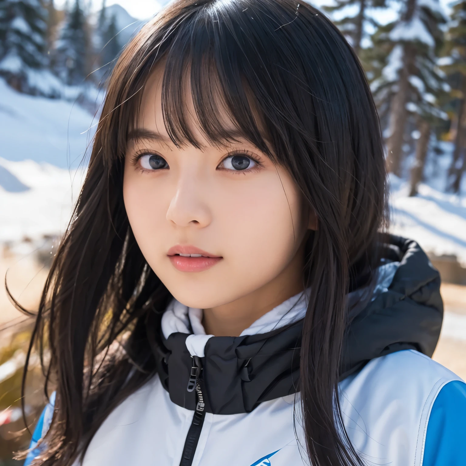  girl, busty,  black hair,  straight hair,  with bangs, Snowboarding Wear, 's greatest masterpiece,  professional lighting, 