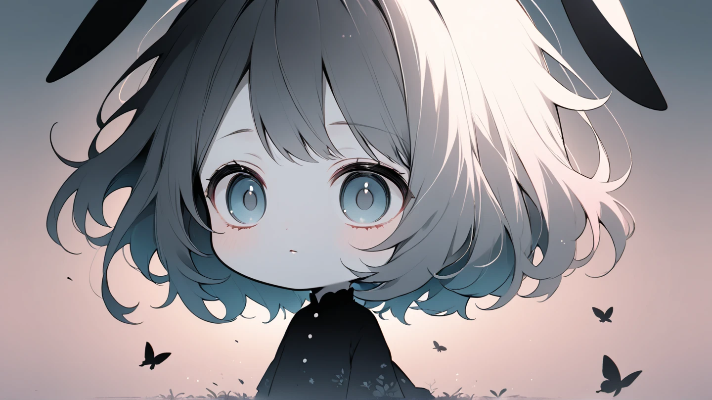 Flat Design, Silhouette Art,anime style, 1chibi character\(short hair, bunny ears, closed eyes,white skin,peaceful expression,hzk,[monochrome,dark gothic illustration:Pastel gradation color,dreamy illustration:0.3],\),solo,gentle glow, gradient background, gray and soft blue and soft pink, focus on silhouette symmetry,best quality, minimalism, simple background, 