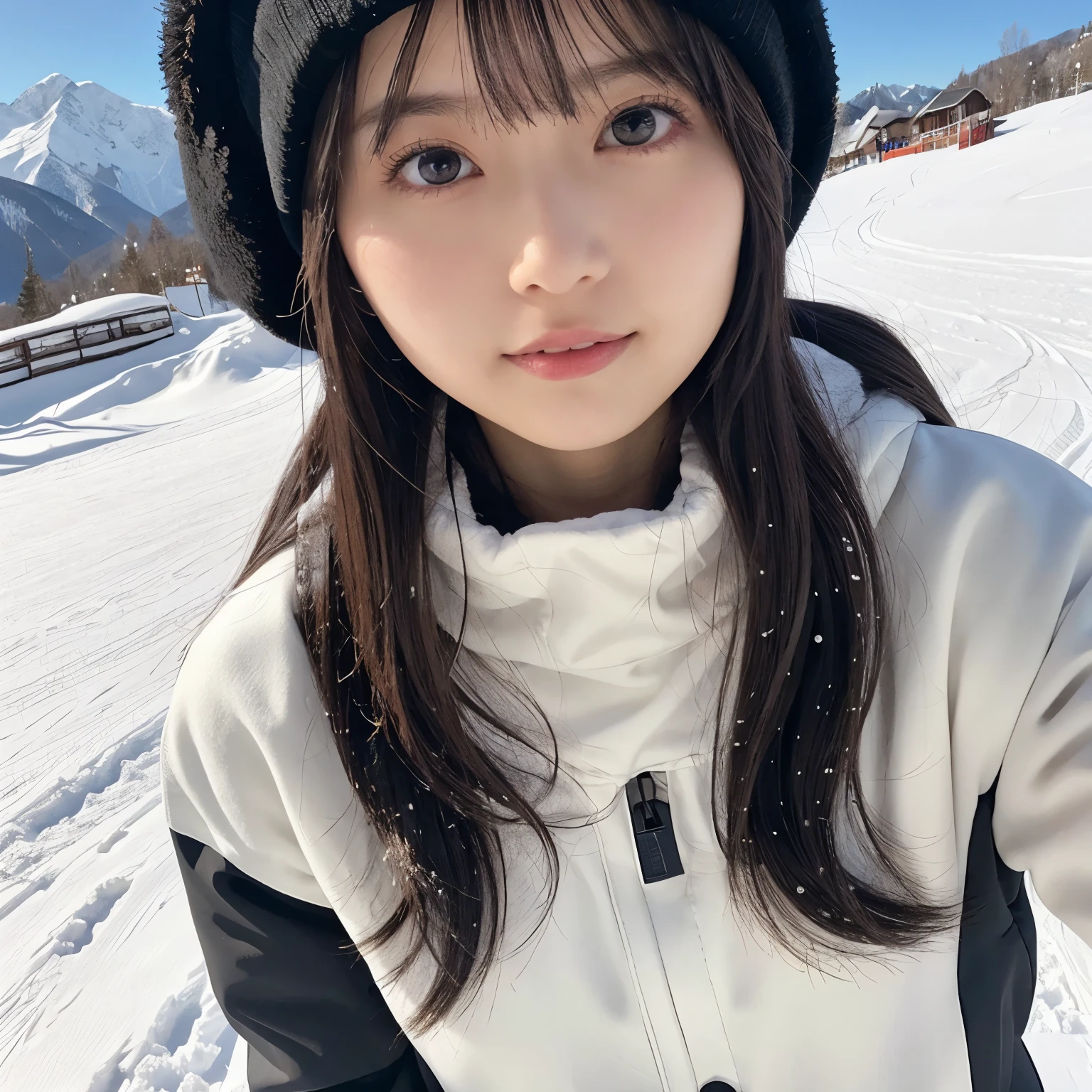  girl, busty,  black hair,  straight hair,  with bangs, white ski wear , White knit hat, Slopes, 's greatest masterpiece,  professional lighting, Powder Snow,