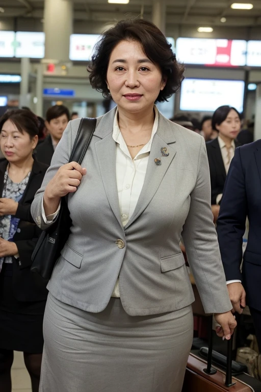  Northeast Auntie waiting to board the flight in the terminal、Organic Photography、 Best Quality 、masterpiece、 ultra-high resolution 、Beautiful old lady、50 years old、Elegant face ， wearing a business shirt ， blazer ， skirt， huge sagging breasts ，curls、Real skin texture， sideways shape ， reveals smooth and plump thighs，Airport background ， background blur