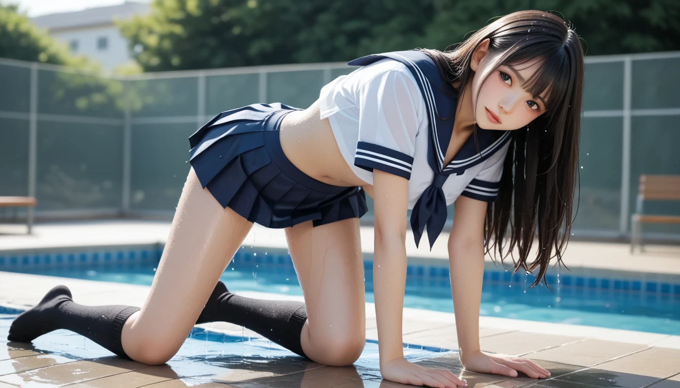 ((( Dark Skin )))、Japanese elementary school girl in wet uniform 、( standing on all fours in shallow pool water )、(( underboob))、 Bottom Body Closeup,Elementary school uniform,  Japanese elementary school girl 、 Black Knee High Socks 、 rear view、 elementary school student in navy pleated skirt school swimsuit、Water level where you can see your butt from the surface of the water 、 、Japanese elementary school girl  , (((wet elementary school uniform 、 sailor suit worn by wet Japanese elementary school girl 、  navy sailor color 、 wet pleated skirt 、wet school swimsuit、Black over-the-knee socks)))、 thin beautiful thighs 、 beautifully manicured hair 、 oily skin 、Two legs、(( focus on the waist ,))