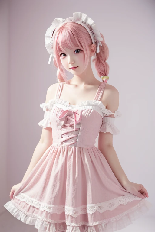 (masterpiece, highest quality, masterpiece,highest quality,official art, 8K wallpapers), girl,Chiquita,With long hair in the take, pink hair, wavy hair, small breasts,(Dynamic Color Lolita Costume), barefoot, skirt lift,European Restaurant,candlestick,wall,tableware, (Skins with the highest level of detail: 1,2), (The highest level of detail on the dial:1.2), front light, night, warm white light, look into the camera,