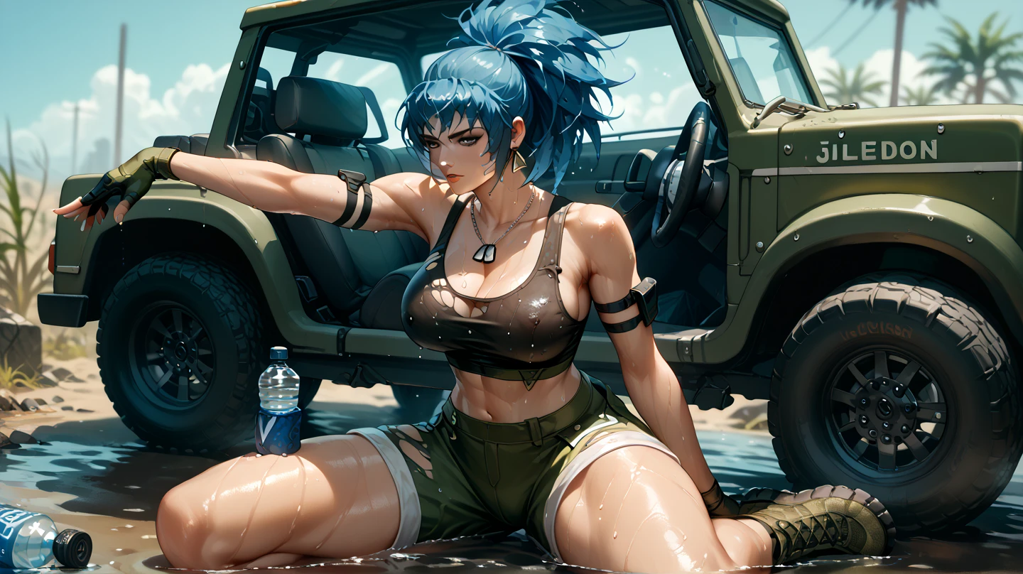 Sexy leona heidern,  Dark blue hair , triangle earrings, condog tags,  on a wasteland, pose sexy, Sitting in a Jeep, sweating, in tight military shorts,  getting wet with a water bottle, damaged clothes,  kneeling fashion,  open legs,