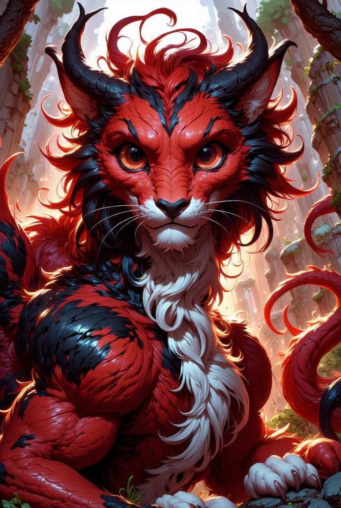 combines the characteristics of a cat and dragon. gaint, It has a connection with the three elements of earth, air and fire. fantasy setting, 8k, uhd, masterpiece, detailed. Red fur with black parts on head, neck and paws. Fluffy, long fur