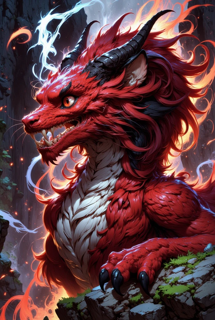 combines the characteristics of a cat and dragon. gaint, It has a connection with the three elements of earth, air and fire. fantasy setting, 8k, uhd, masterpiece, detailed. Red fur with black parts on head, neck and paws. Fluffy, long fur